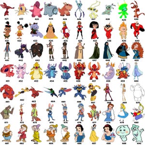 Puede incluir: Una colecci&oacute;n de ilustraciones de personajes de dibujos animados, cada una con un dise&ntilde;o y paleta de colores &uacute;nicos. Los personajes est&aacute;n numerados del 421 al 490, mostrando una variedad de estilos y temas.