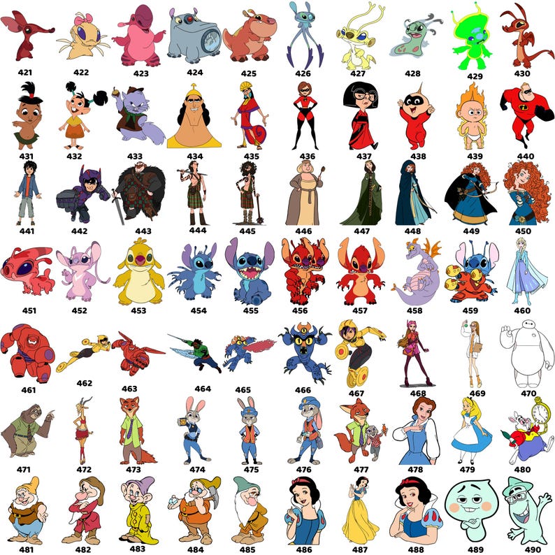 Puede incluir: Una colecci&oacute;n de ilustraciones de personajes de dibujos animados, cada una con un dise&ntilde;o y paleta de colores &uacute;nicos. Los personajes est&aacute;n numerados del 421 al 490, mostrando una variedad de estilos y temas.