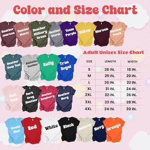 Puede incluir: Tabla de colores y tallas para camisetas unisex para adultos. La tabla muestra varios colores de camisetas, incluyendo amarillo y naranja. La tabla de tallas muestra las medidas en pulgadas de largo y ancho, de S a 4XL.