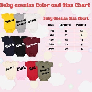 Puede incluir: Una tabla de colores y tallas para bodies de beb&eacute;. La tabla muestra bodies en varios colores, incluyendo amarillo, azul marino, negro y rosa. Una tabla de tallas muestra las medidas en cm para las tallas NB a 24M.