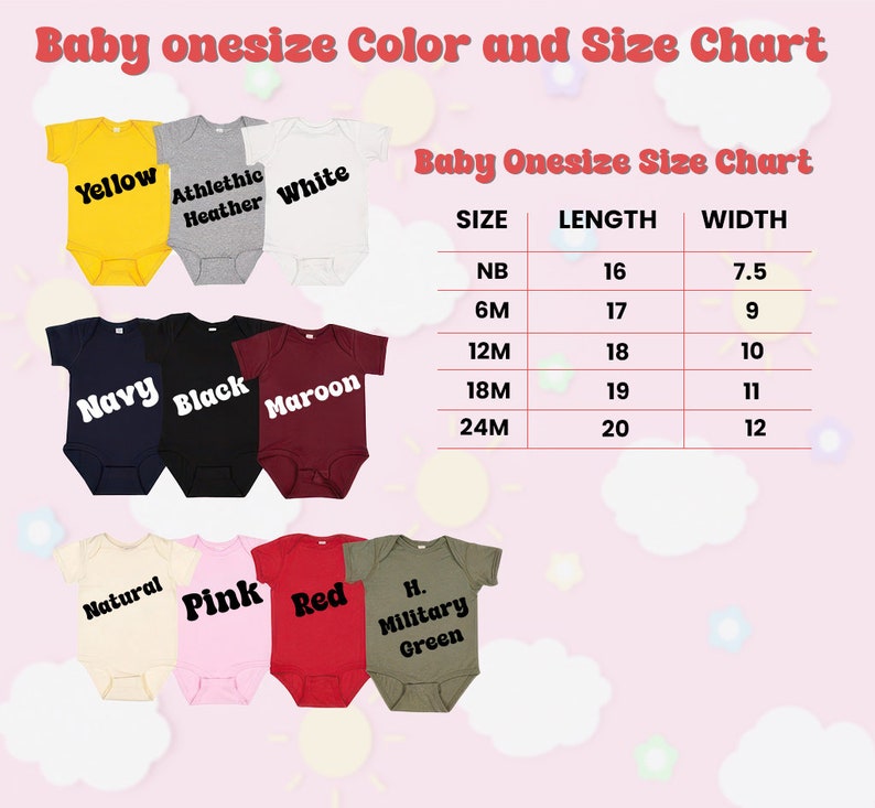 Puede incluir: Una tabla de colores y tallas para bodies de beb&eacute;. La tabla muestra bodies en varios colores, incluyendo amarillo, azul marino, negro y rosa. Una tabla de tallas muestra las medidas en cm para las tallas NB a 24M.