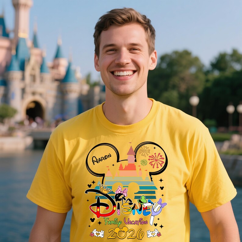Pu&ograve; includere: Una maglietta gialla con un design a tema Disney. Il design include il testo "Aaron", un castello, fuochi d'artificio e le parole "Disney Family Vacation 2020". La maglietta &egrave; indossata da una persona che sorride davanti a un castello.