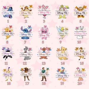 K&ouml;nnte beinhalten: Eine Sammlung von 20 Disney-Charakterdesigns, jedes mit dem Text "Disney Trip" dar&uuml;ber und einer Nummer darunter. Zu den Charakteren geh&ouml;ren Winnie Puuh, Ferkel, Stitch, Simba und Tinkerbell, vor einem rosa Sternenhintergrund.