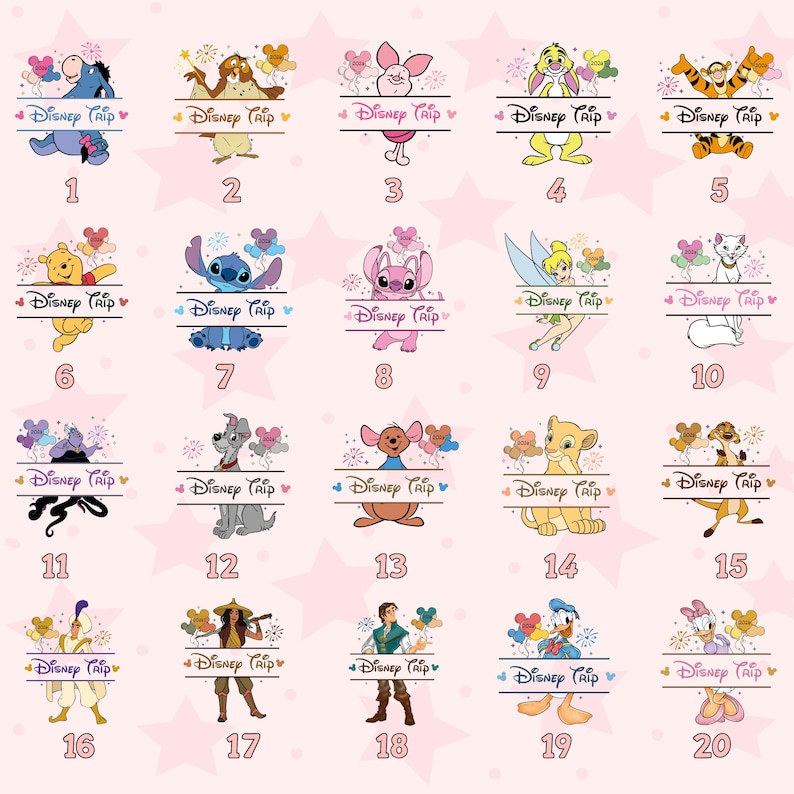K&ouml;nnte beinhalten: Eine Sammlung von 20 Disney-Charakterdesigns, jedes mit dem Text "Disney Trip" dar&uuml;ber und einer Nummer darunter. Zu den Charakteren geh&ouml;ren Winnie Puuh, Ferkel, Stitch, Simba und Tinkerbell, vor einem rosa Sternenhintergrund.
