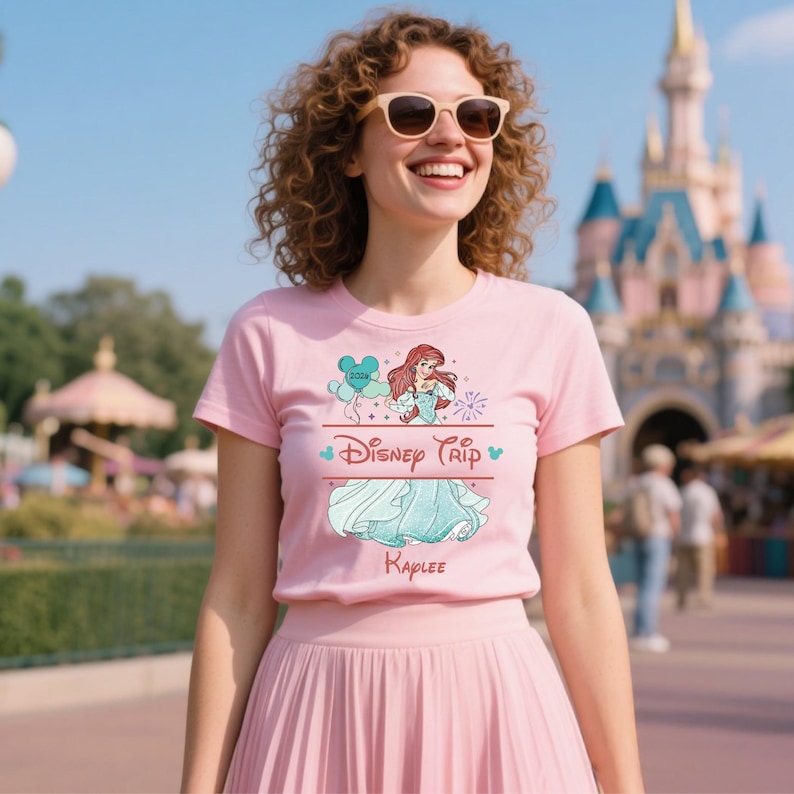K&ouml;nnte beinhalten: Rosa T-Shirt mit einem Aufdruck von Arielle, der Meerjungfrau, Luftballons und dem Text "Disney Trip" und "Kaplee". Das Shirt wird mit einem rosa Rock getragen. Im Hintergrund sind ein Schloss und blauer Himmel zu sehen.