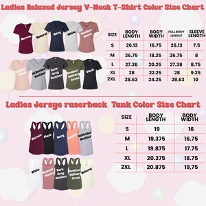 Puede incluir: Tabla de tallas y colores para camisetas de cuello en V de jersey relajado y camisetas sin mangas de espalda nadadora para mujer. Muestra colores como granate, azul marino y negro, con medidas en cm de largo y ancho.