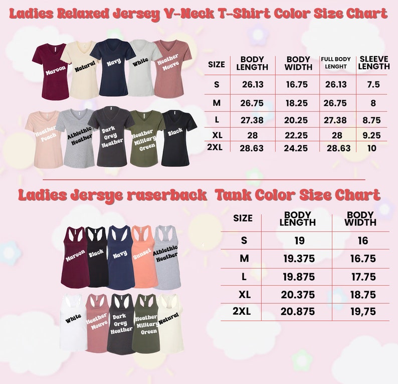 Puede incluir: Tabla de tallas y colores para camisetas de cuello en V de jersey relajado y camisetas sin mangas de espalda nadadora para mujer. Muestra colores como granate, azul marino y negro, con medidas en cm de largo y ancho.