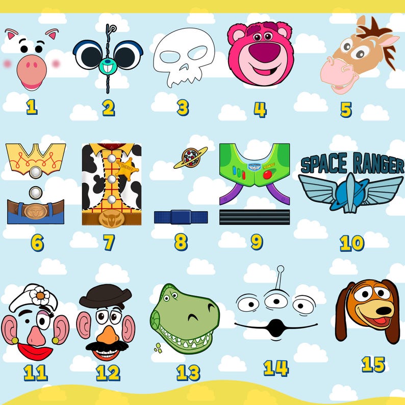 Peut inclure: Une collection d'&eacute;l&eacute;ments de visage et de costume de personnages de dessins anim&eacute;s, dont un cochon, un extraterrestre, un cr&acirc;ne, un ours, un cheval, etc. L'image pr&eacute;sente un fond de ciel bleu avec des nuages blancs et des accents jaunes.