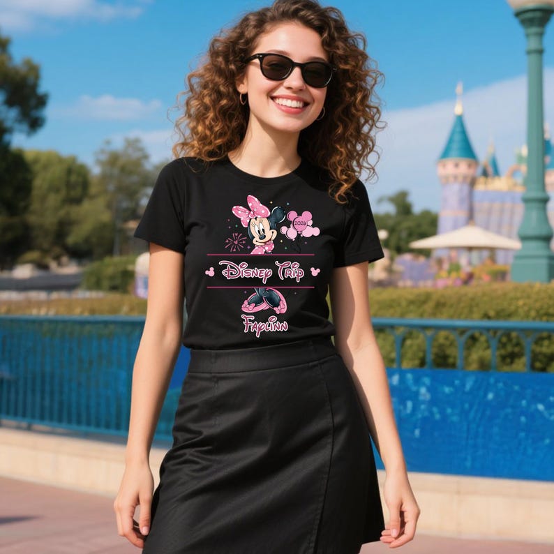 K&ouml;nnte beinhalten: Schwarzes T-Shirt mit einem Minnie Mouse-Motiv und dem Text "Disney Trip" und "Fapian" in Pink. Das Design umfasst Minnie Mouse, eine Schleife und Sonnenbrillen. Das T-Shirt hat einen Rundhalsausschnitt.