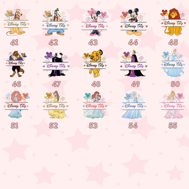 K&ouml;nnte beinhalten: Eine Sammlung von Disney-Charakterdesigns, jeweils mit dem Text "Disney Trip" und einer Nummer. Zu den Charakteren geh&ouml;ren Pluto, Goofy, Minnie Mouse, Mickey Mouse, Simba, Biest, Maleficent und verschiedene Prinzessinnen. Die Designs sind auf rosa Hintergrund.