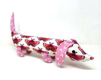 Wiener Dog Stuffie, Plush for Kids and Adults, Dachshund Plushie Moth Print