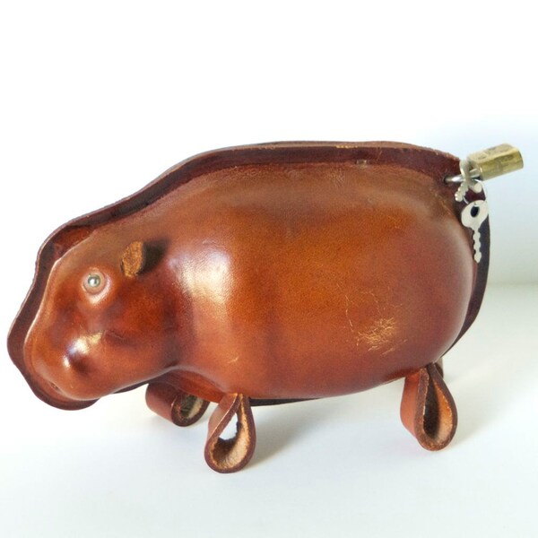 Vintage Leather Piggy Bank Hippo Childrens Toy Animal Safari Nursery Decor