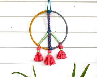 Peace Sign Wall Hanging, Yarn Wrapped Textile Wall Decor