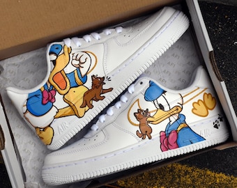 Hand Painted Donald Duck Air Force 1 Sneakers: Custom Cartoon Shoes AF1 white personalized gift design shoes wedding fashion trainers
