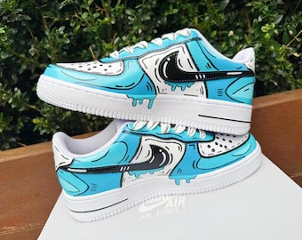 Custom Hand-Painted Air Force 1 Sneakers: 2D Comic Blue Tear AF1 white personalized gift design wedding fashion trainers drip anime shoes