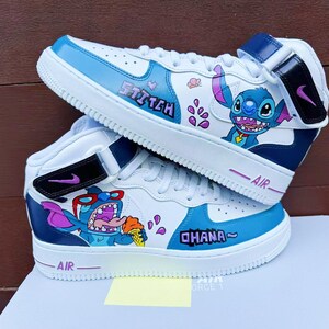 custom hand painted air force1 mid Stitch cartoons street style anime wedding shoes trendy trainers high fashion sneakers  white blue