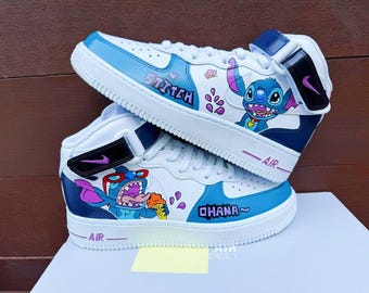 Hand Painted Stitch Air Force 1 Mid Sneakers: Custom Anime Shoes AF1 white personalized gift design wedding fashion trainers