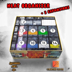 May include: A board game organiser labelled "HEAT ORGANIZER + 3 EXPANSIONS." The box contains numbered game pieces with colourful accents. The box has the words "HEAT" and "CRAFTED LOOT" printed on it.