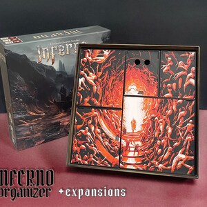 Inferno compatible organizer | Compatible with Plutus & Phlegyas and Metal Coins | Insert with Layered Art Lid | Sleeved Cards