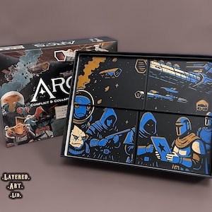 May include: A board game box and its contents are displayed. The box features a space battle scene with the word "ARC" in large white letters. The game's interior has four sections with illustrations of characters and spaceships in blue and gold.