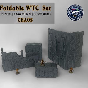 May include: A gray foldable WTC set with 14 ruins, 4 containers, and 10 templates. The set includes a large wall and several smaller structures. The text "Foldable WTC Set" and "CHAOS" are visible. The image also includes the "OFFICIAL LICENSED PARTNER" logo.