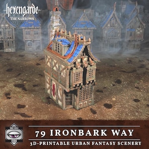 Op de afbeelding: Gedetailleerd miniatuurgebouw met een blauw en bruin dak, onderdeel van een 3D-printbare stedelijke fantasie-scène. Het gebouw heeft meerdere ramen en een rode deur. De tekst "79 IRONBARK WAY" is zichtbaar.