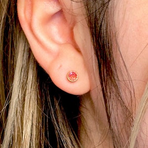 Pink Ruby Birthstone Earrings – 4mm Dainty Studs – 18k Gold Plated July Birthstone Jewelry – Minimalist Crystal Earrings