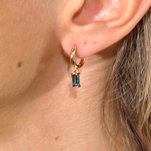 14K Gold Sapphire Hoop Earrings – Baguette September Birthstone Dangle Huggies, Dainty Blue Clicker, Gold Gemstone Cartilage Jewelry