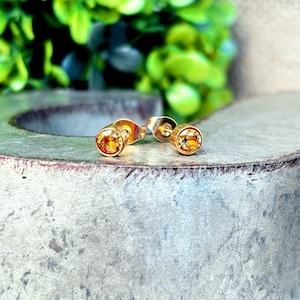Topaz Birthstone Earrings – 4mm Dainty Gold Studs – 18k Gold Plated November Birthstone Jewelry – Minimalist Crystal Earrings