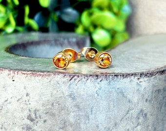 Topaz Birthstone Earrings – 4mm Dainty Gold Studs – 18k Gold Plated November Birthstone Jewelry – Minimalist Crystal Earrings