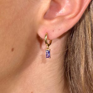 14K Gold Alexandrite Hoop Earrings by Stella Amoré – Baguette June Birthstone Dangle Huggies, Dainty Purple Clicker, Gold Cartilage Jewelry