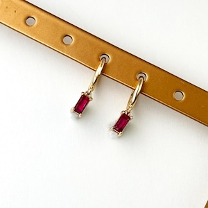 14K Gold Ruby Hoop Earrings by Stella Amoré – Baguette July Birthstone Dangle Huggies, Dainty Red Clicker, Gemstone Ear Stack