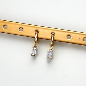 14K Gold Diamond Hoop Earrings – Baguette April Birthstone Dangle Huggies, Dainty Hoop Clicker, Seamless Cartilage Jewelry, Minimalist Gift