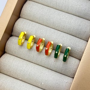 Citrus CZ Huggie Hoop Set by Stella Amoré – Dainty Gold Earrings, 3-Set Yellow, Green & Orange Enamel Hoops, Summer Stackable Huggies