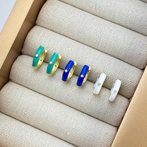 Ocean CZ Huggie Hoop Set by Stella Amoré – Dainty Gold Earrings, 3-Set Blue, White & Aqua Enamel Hoops, Chic Coastal Stackable Huggies