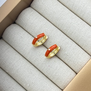 Orange Enamel CZ Huggie Hoops by Stella Amoré – Dainty Gold Earrings, Stackable Huggies, Colorful Hoop Jewelry, Custom CZ Combo Sets
