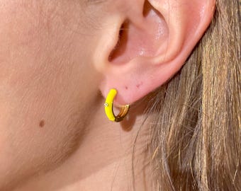 Yellow Enamel CZ Huggie Hoops by Stella Amoré – Dainty Gold Earrings, Stackable Huggies, Colorful Hoop Jewelry, Custom CZ Combo Sets