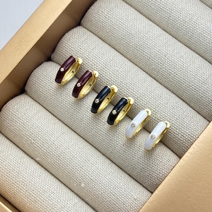Neutrals CZ Huggie Hoop Set by Stella Amoré – Dainty Gold Earrings, 3-Set White, Black & Brown Enamel Hoops, Minimalist Stackable Huggies