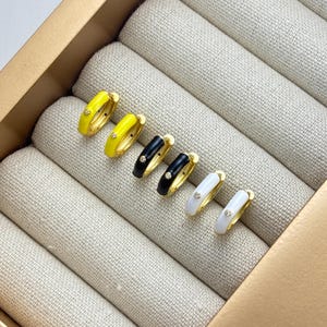 Classic CZ Huggie Hoop Set by Stella Amoré – Dainty Gold Earrings, 3-Set Black, White & Gold Enamel Hoops, Timeless Stackable Huggies