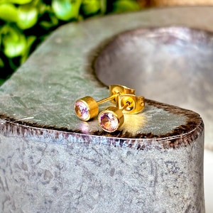 Dainty October Birthstone Earrings – 4mm Gold-Plated Crystal Studs – Minimalist Libra Jewelry – Zodiac Cartilage Earrings
