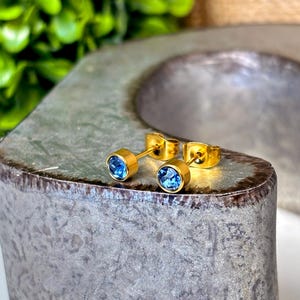 Dainty December Birthstone Earrings – 4mm Gold-Plated Crystal Studs – Minimalist Sagittarius Jewelry – Zodiac Cartilage Earrings