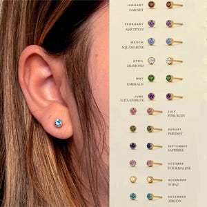 Birthstone Stud Earrings – 4mm Dainty Gold-Plated Cartilage Earrings – Zodiac Crystal Jewelry