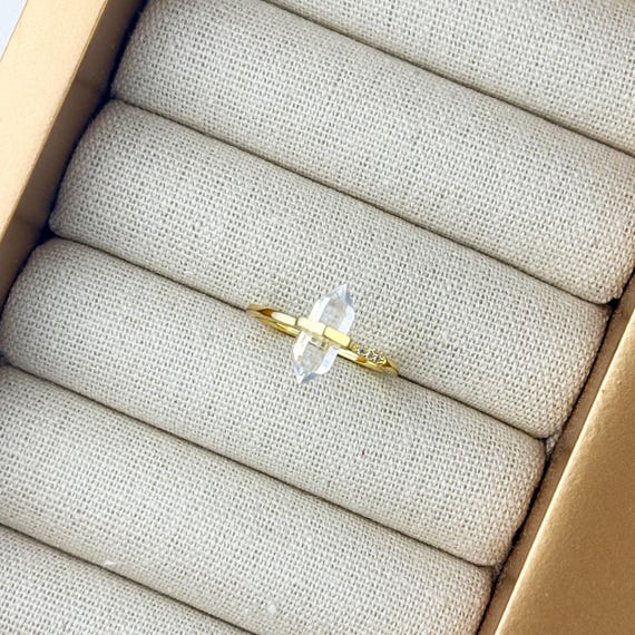 Clear Crystal Wand Ring – Adjustable Gold-Plated Brass, Sizes 5-11