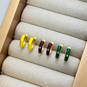 Earthtone CZ Huggie Hoop Set by Stella Amoré – Dainty Gold Earrings, 3-Set Green, Brown & Yellow Enamel Hoops, Chic Earthy Stackable Huggies