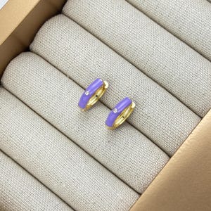 Purple Enamel CZ Huggie Hoops by Stella Amoré – Dainty Gold Earrings, Stackable Huggies, Colorful Hoop Jewelry, Custom CZ Combo Sets