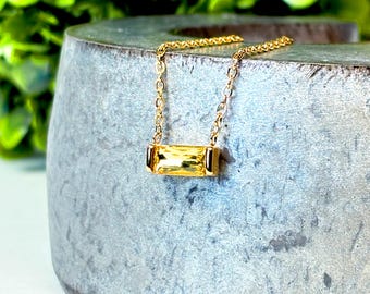 14k Gold Topaz Necklace – November Birthstone Jewelry – Minimalist Dainty Rectangle Pendant
