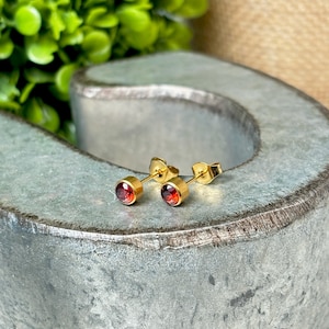 Dainty Garnet Birthstone Earrings – 4mm Gold-Plated Crystal Studs – January Zodiac Jewelry – Minimalist Cartilage Earrings