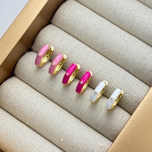 Barbiecore CZ Huggie Hoop Set by Stella Amoré – Dainty Gold Earrings, 3-Set Pink, White & Hot Pink Enamel Hoops, Girly Stackable Huggies