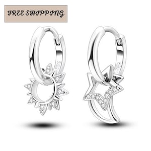 Silver Sun Moon Star Earrings by Stella Amoré– Mismatched Celestial Huggie Hoops – 925 Sterling Silver Starburst Jewelry – Gift for Her