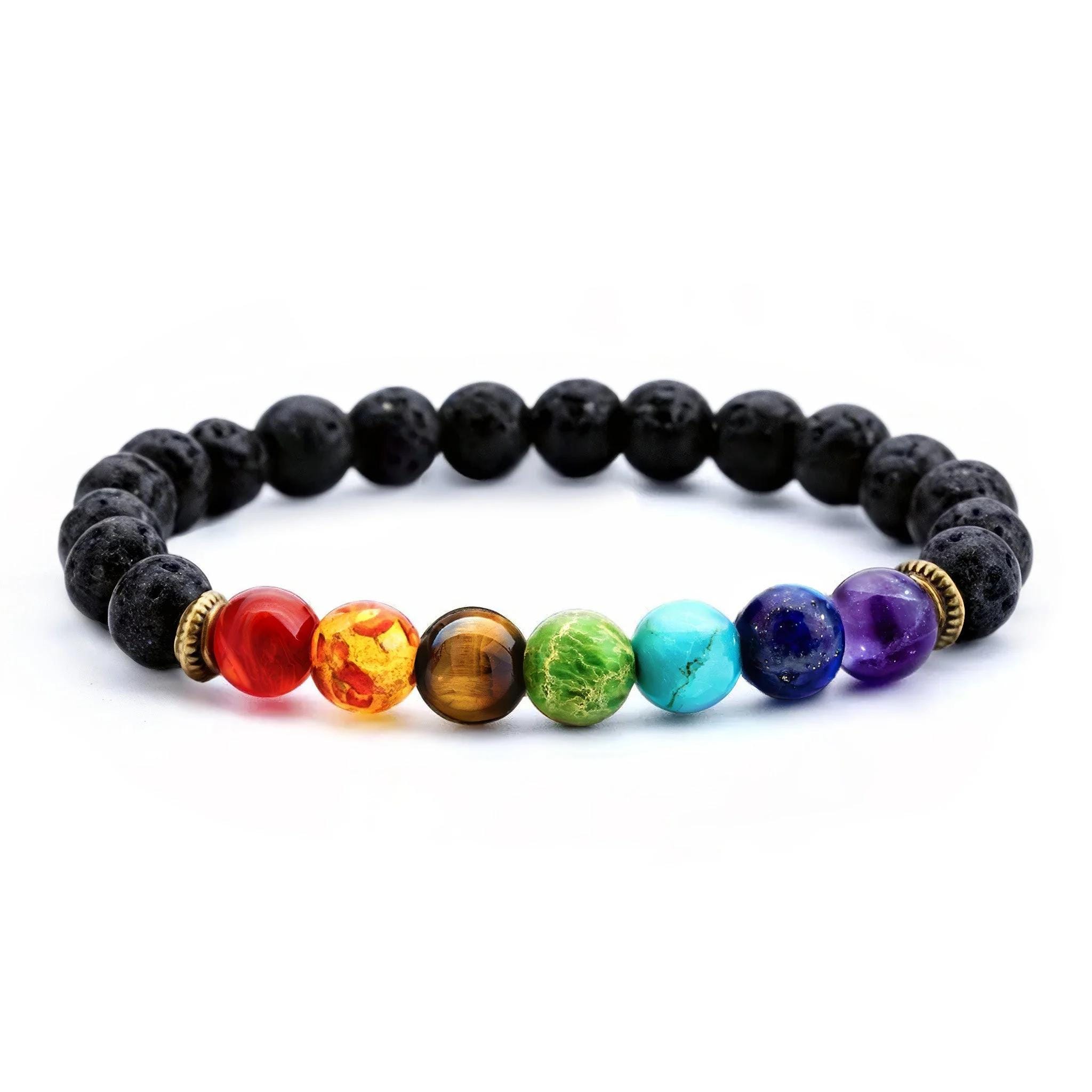 Pulsera de cristal curativo de los 7 chakras - Pulsera de piedras de lava - Elástica - Piedra de lava de 8 mm y gemas de los 7 chakras